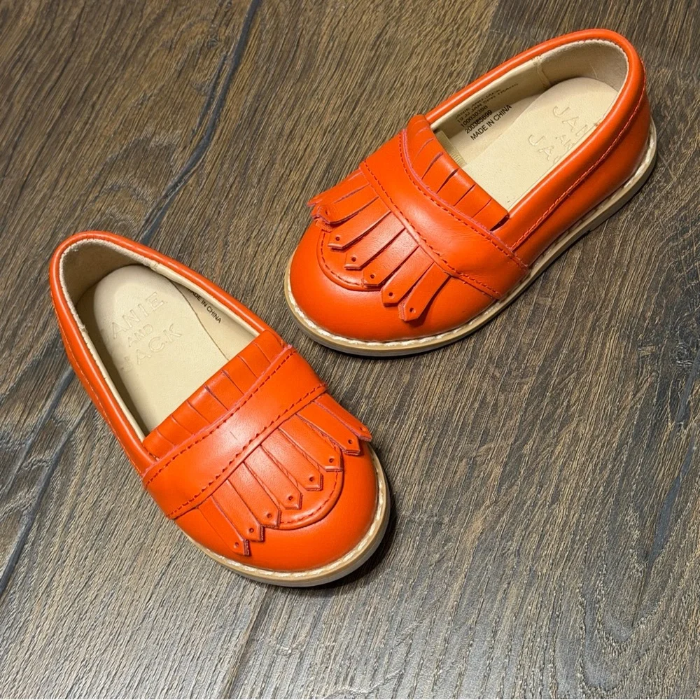 Janie and Jack orange leather fringe loafers size 4 New